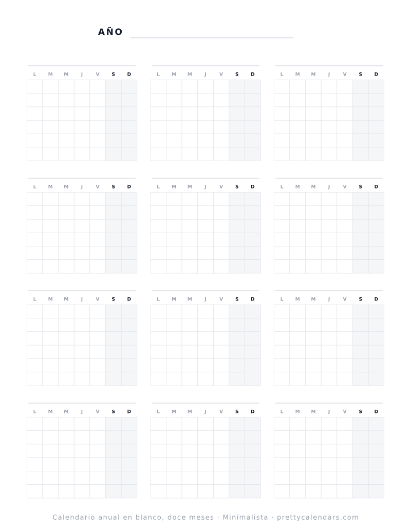 Calendario anual en blanco para imprimir con doce cuadrículas mensuales sin fechas en una hoja, estilo Minimalista