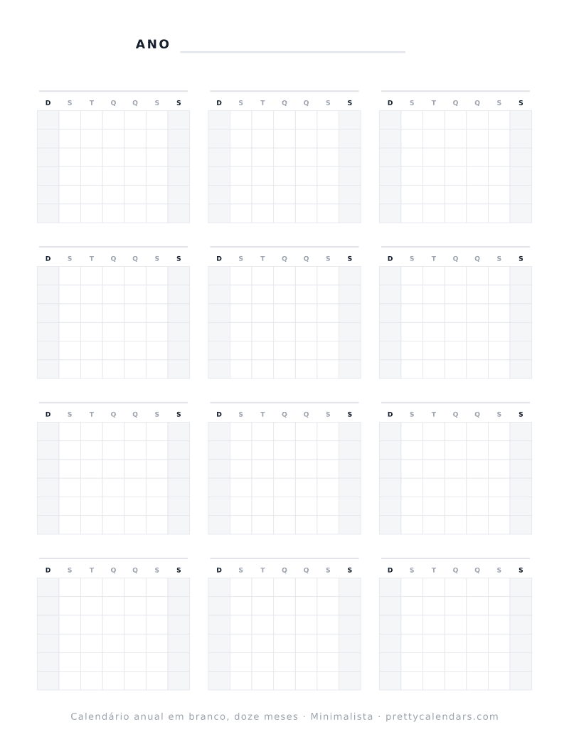 Calendário em branco para imprimir com year, estilo Minimalista