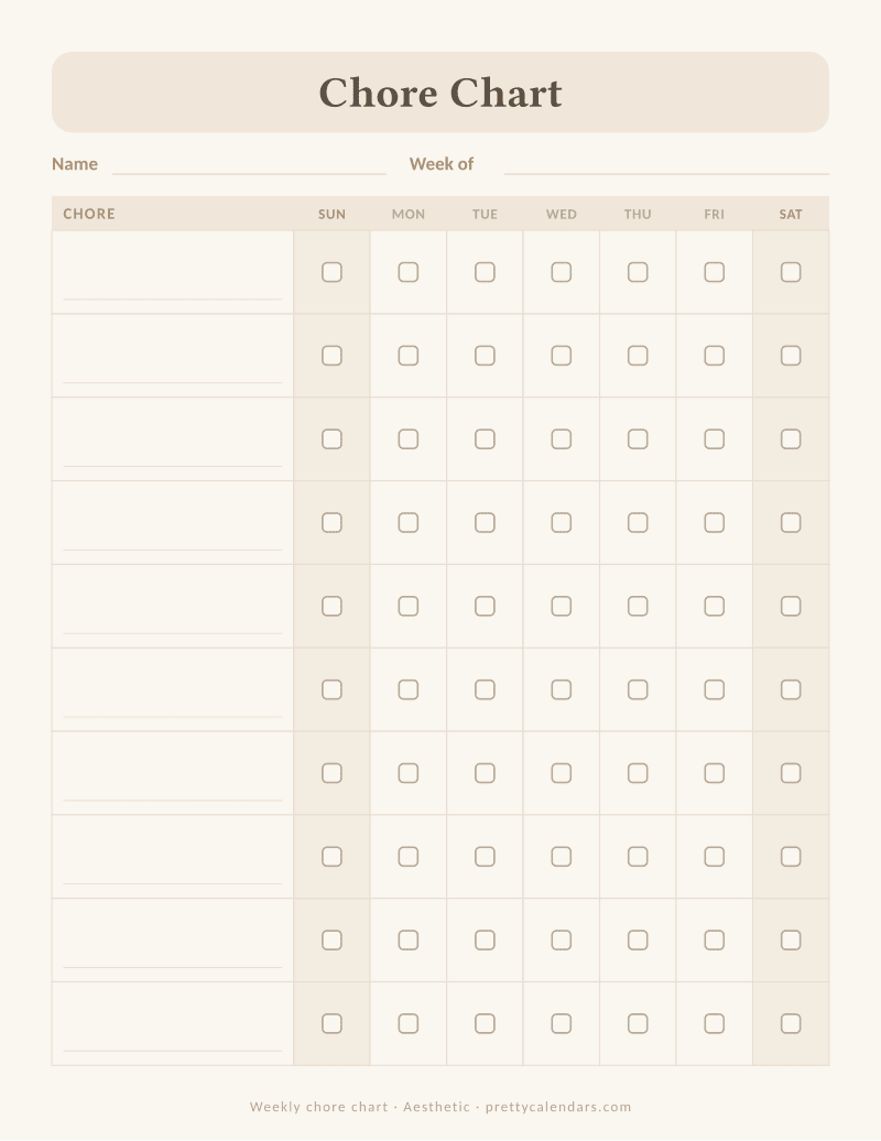 Printable weekly chore chart with chore rows, day columns and checkboxes, Aesthetic style