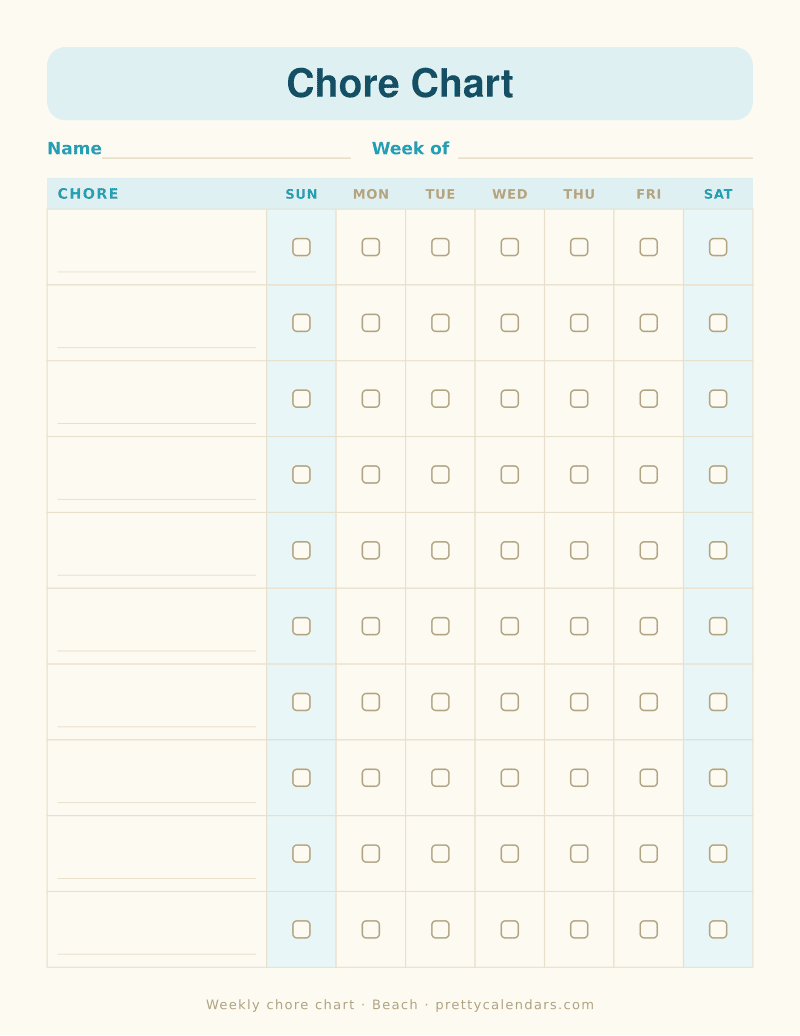 Printable weekly chore chart with chore rows, day columns and checkboxes, Beach style