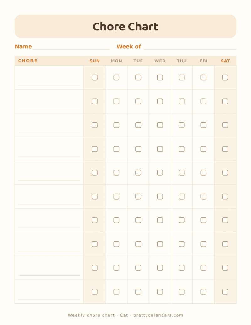 Printable weekly chore chart with chore rows, day columns and checkboxes, Cat style