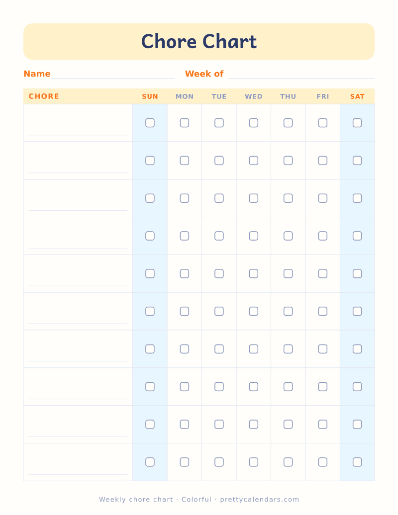 Printable weekly chore chart with chore rows, day columns and checkboxes, Colorful style