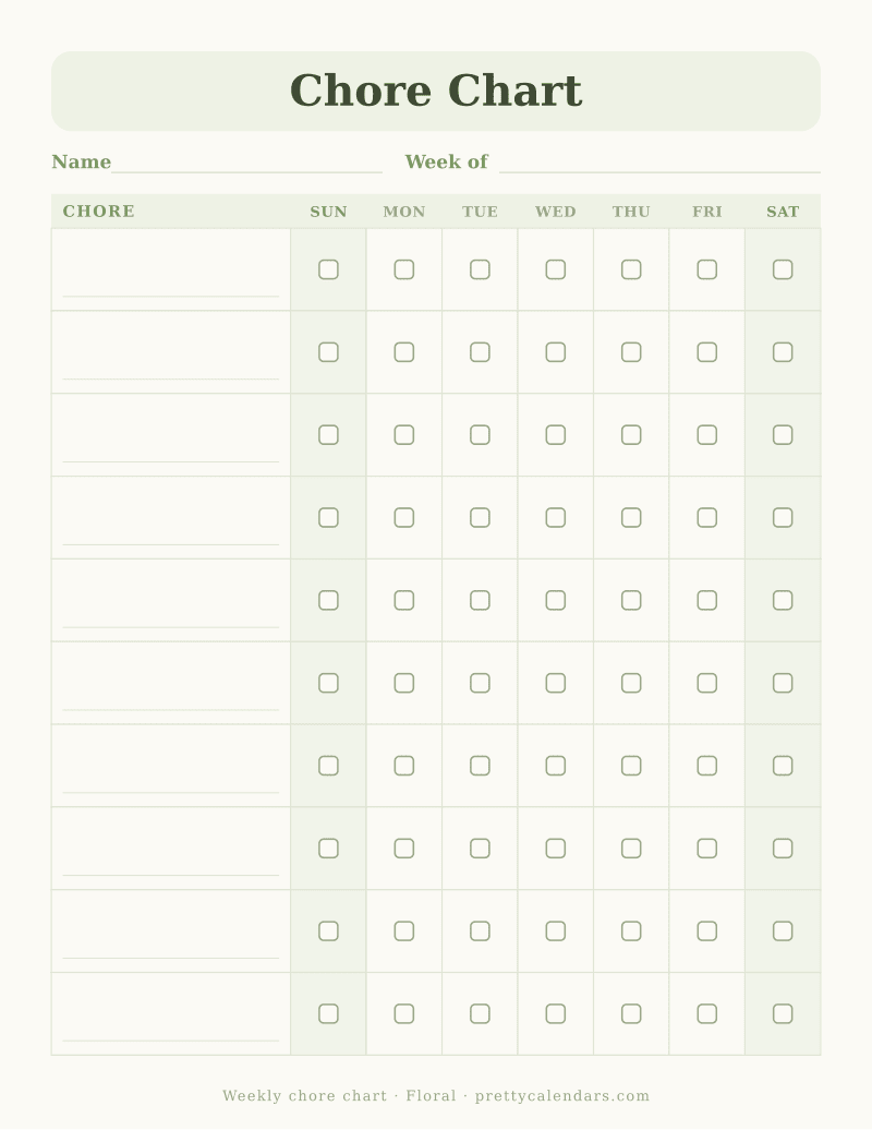 Printable weekly chore chart with chore rows, day columns and checkboxes, Floral style