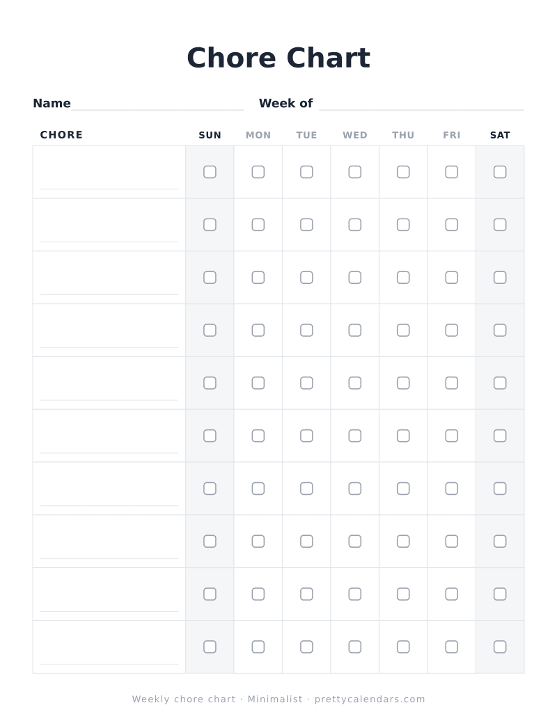 Printable weekly chore chart with chore rows, day columns and checkboxes, Minimalist style