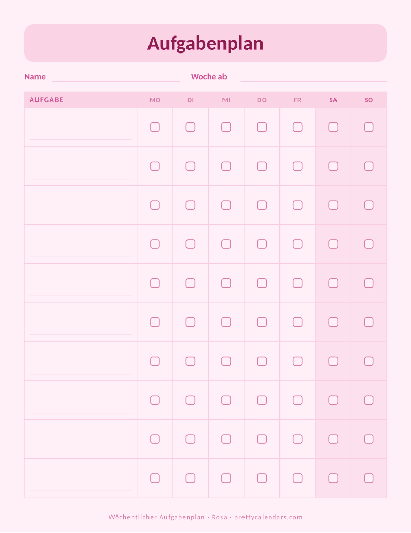 Druckbarer wöchentlicher Aufgabenplan, Design Rosa