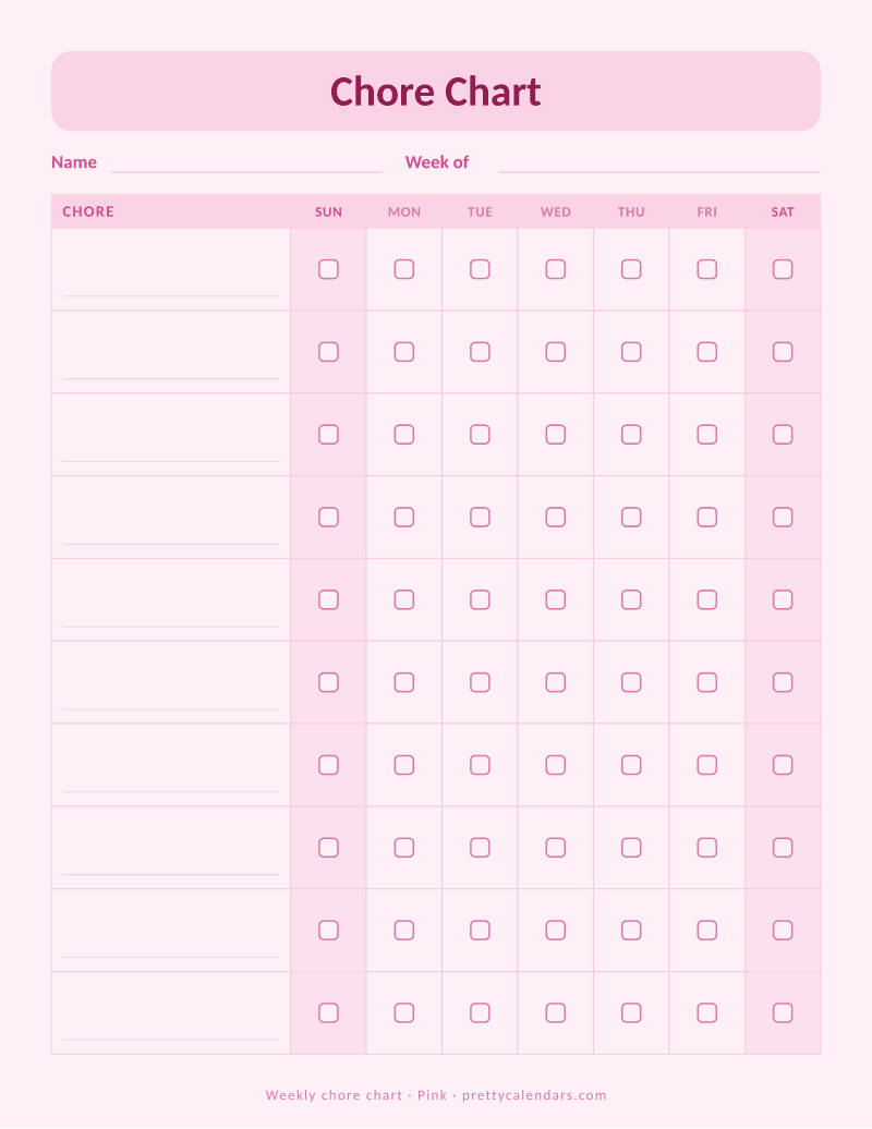 Printable weekly chore chart with chore rows, day columns and checkboxes, Pink style