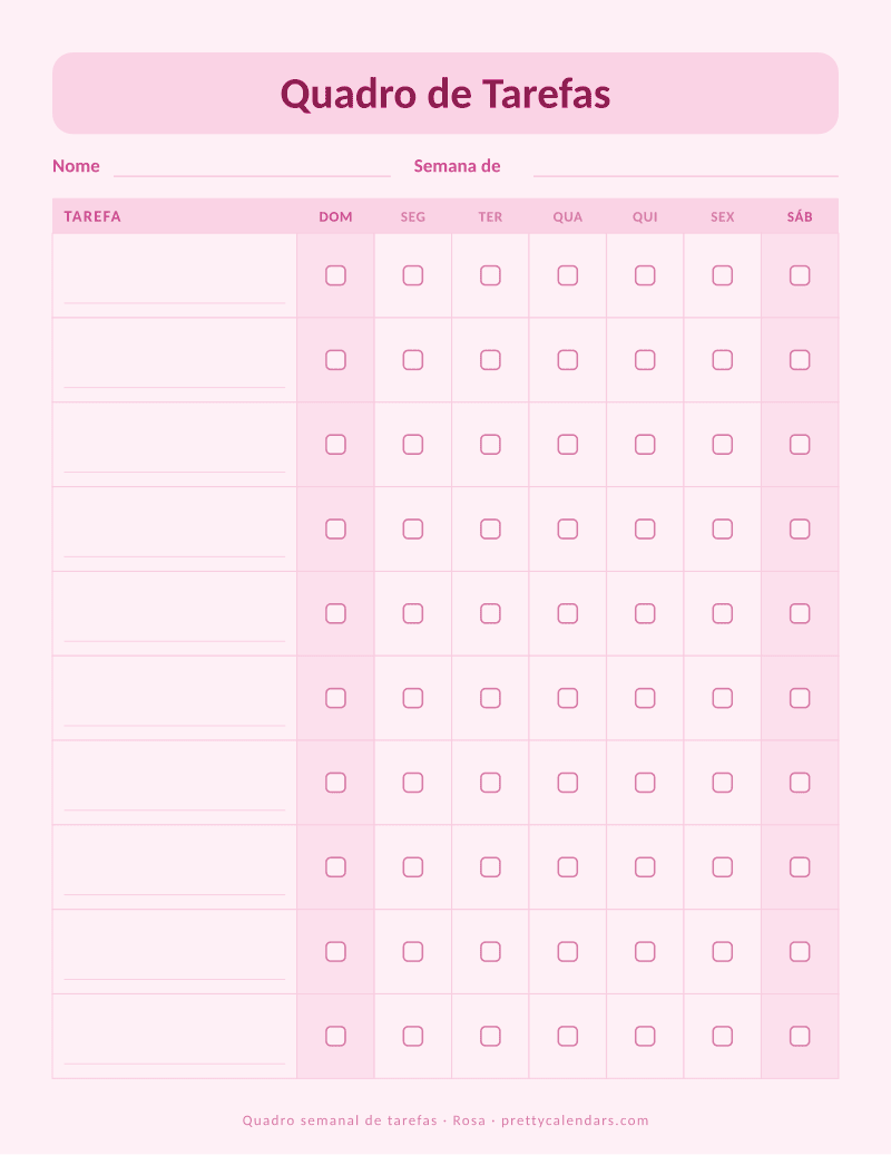 Quadro semanal de tarefas para imprimir, estilo Rosa