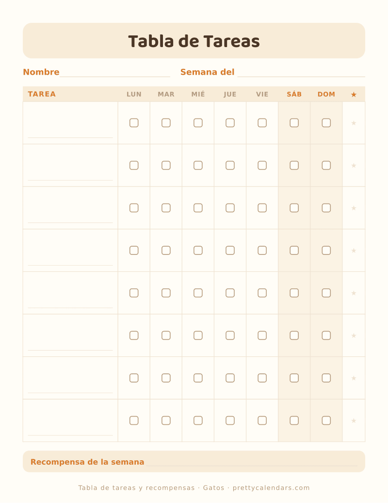 Tabla de tareas y recompensas para imprimir, con columna de estrellas y línea de premio, estilo Gatos