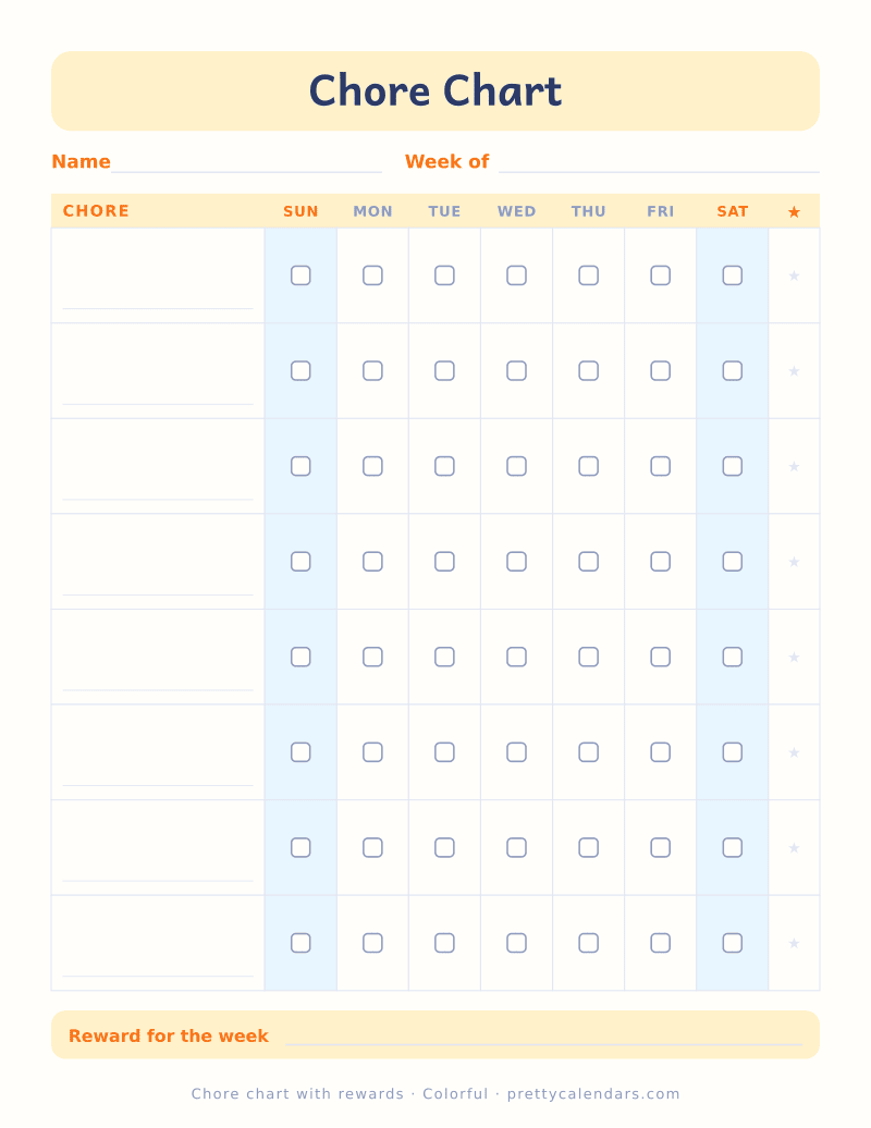 Printable chore chart with rewards: star column and weekly prize line, Colorful style