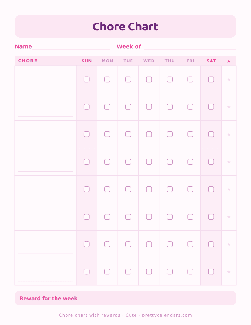 Printable chore chart with rewards: star column and weekly prize line, Cute style