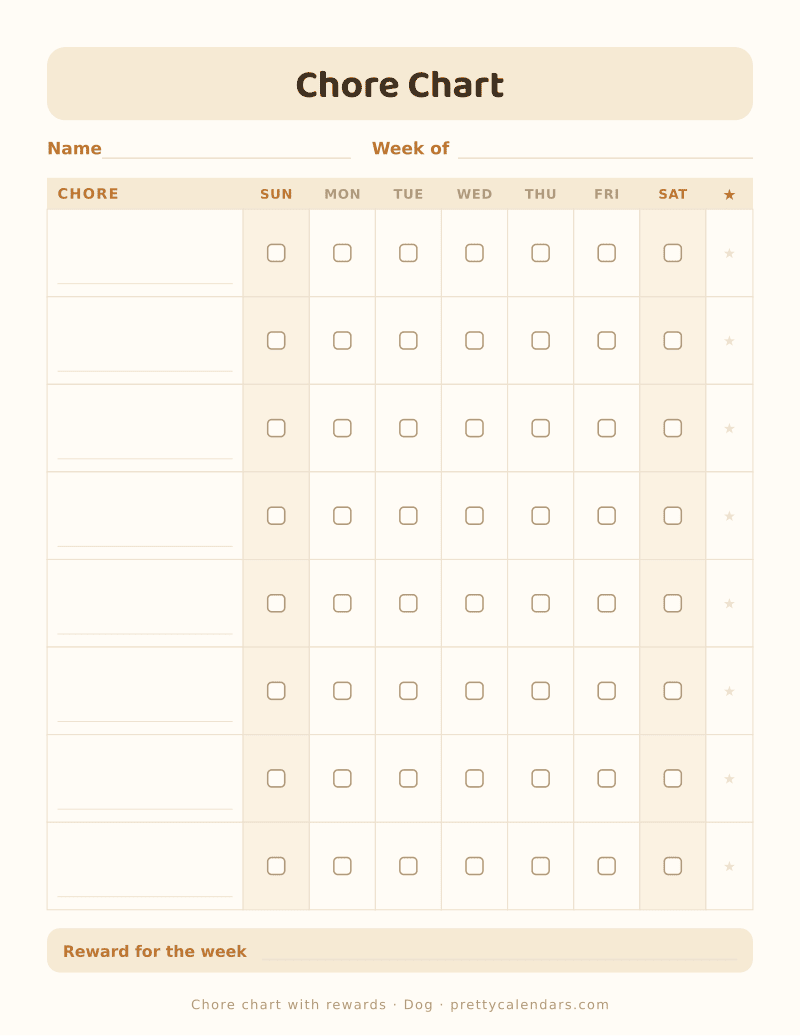 Printable chore chart with rewards: star column and weekly prize line, Dog style