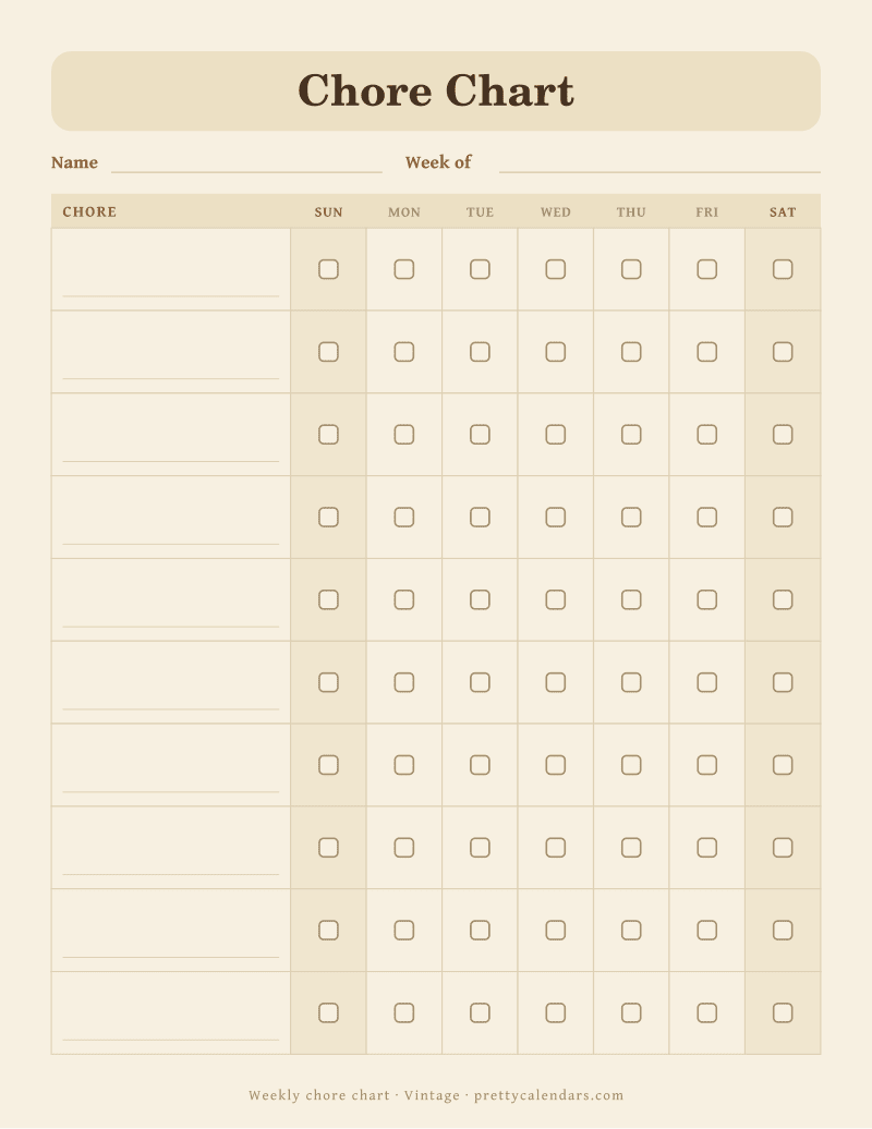 Printable weekly chore chart with chore rows, day columns and checkboxes, Vintage style