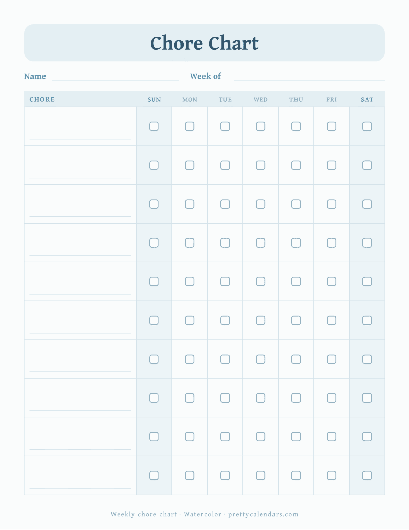 Printable weekly chore chart with chore rows, day columns and checkboxes, Watercolor style