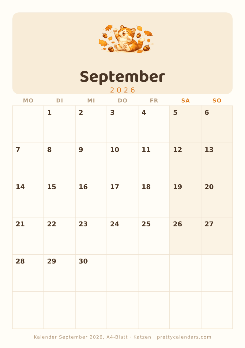 Druckbarer Monatskalender mit echtem A4-Format, Design Katzen