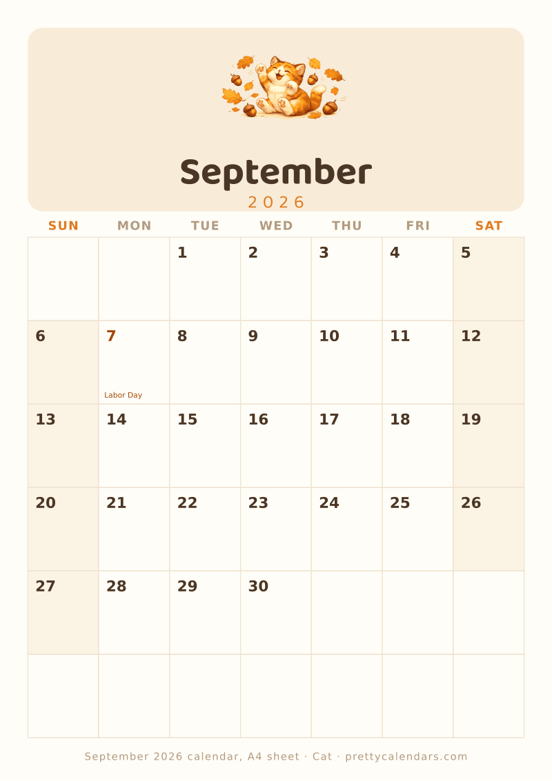 Printable monthly calendar sized for A4 paper, Cat style