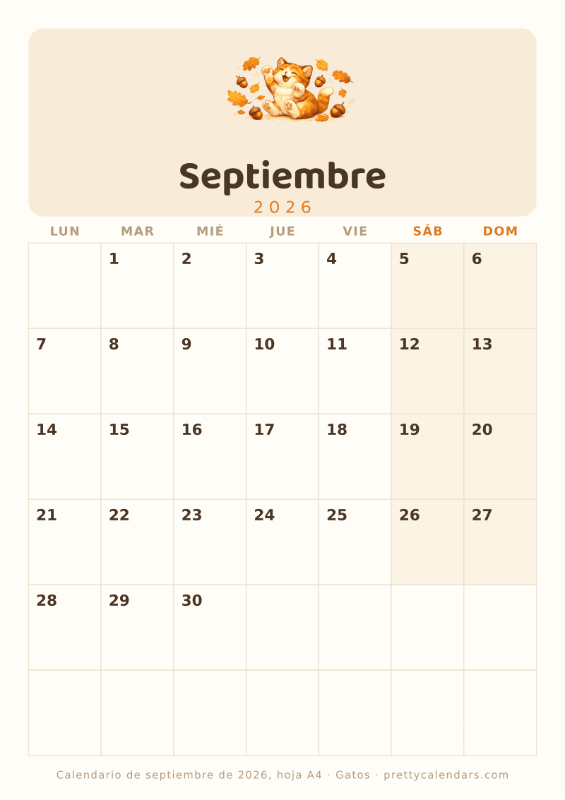 Calendario mensual para imprimir en tamaño A4, estilo Gatos