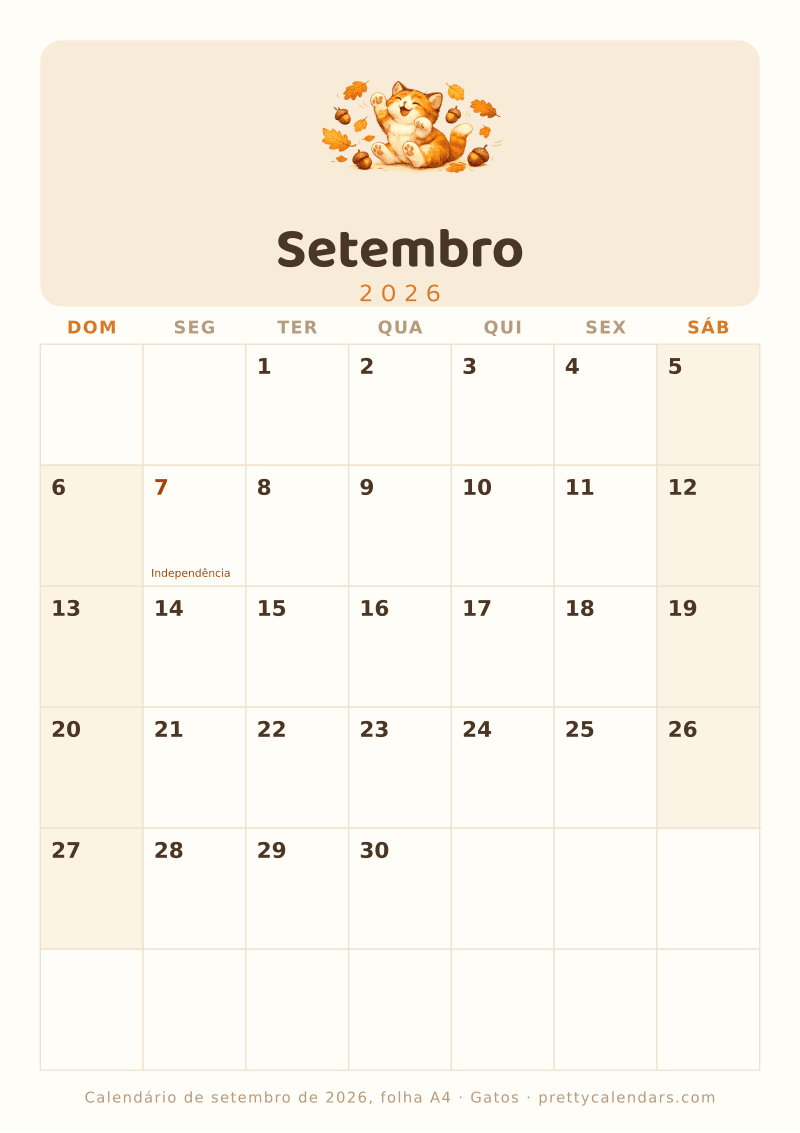 Calendário mensal para imprimir com tamanho A4 real, estilo Gatos