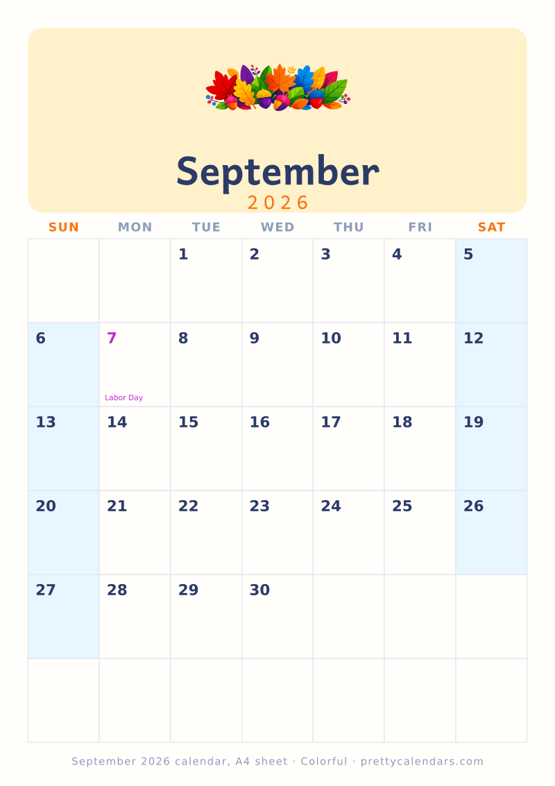 Printable monthly calendar built at true A4 dimensions, Colorful design