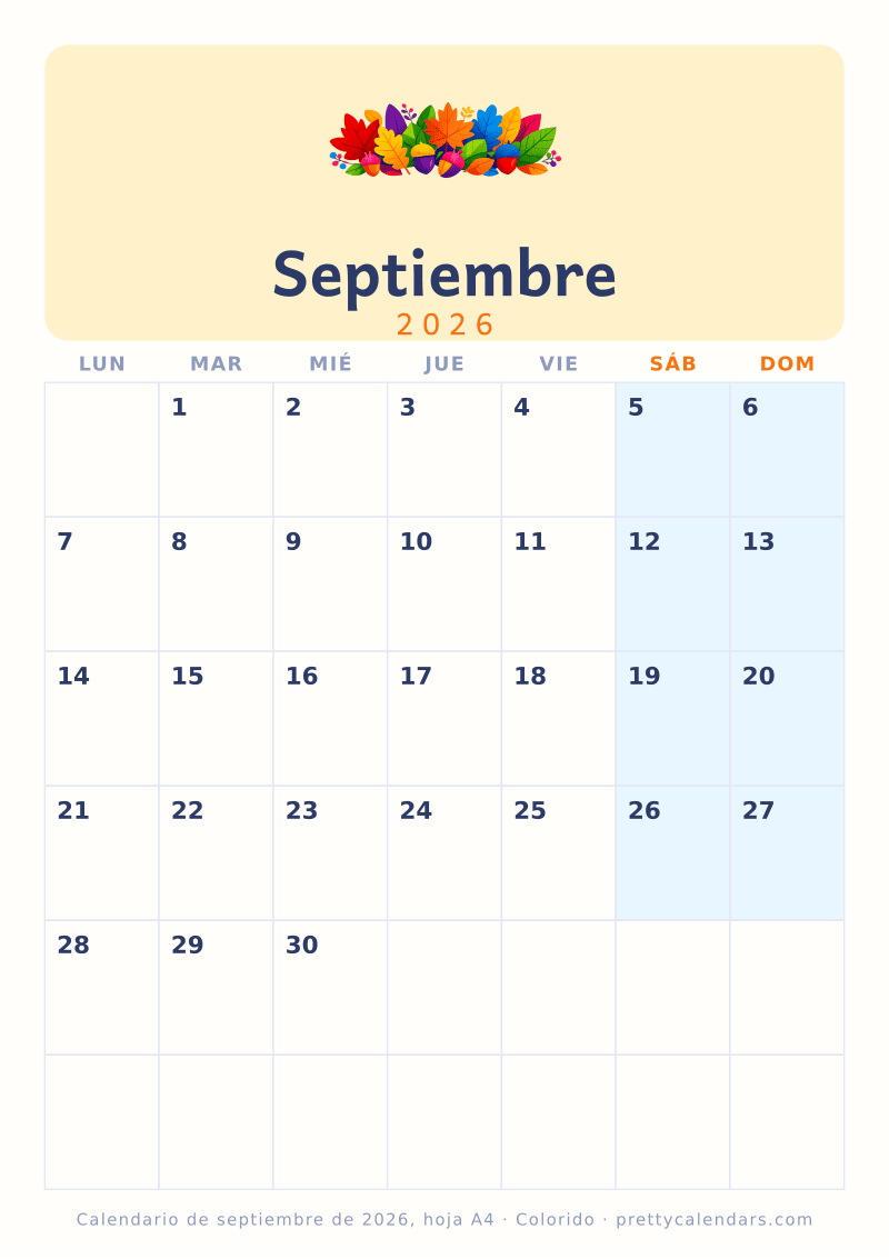 Calendario mensual para imprimir construido con las medidas reales de A4, diseño Colorido