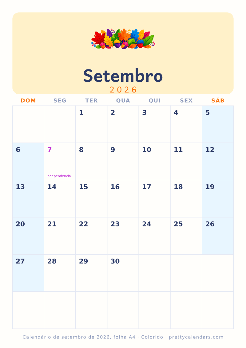 Calendário mensal para imprimir com tamanho A4 real, estilo Colorido