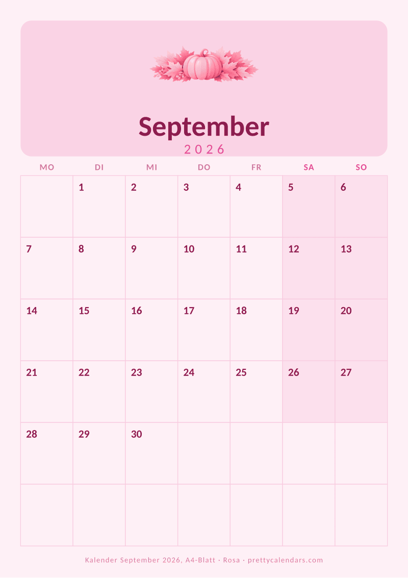 Druckbarer Monatskalender mit echtem A4-Format, Design Rosa