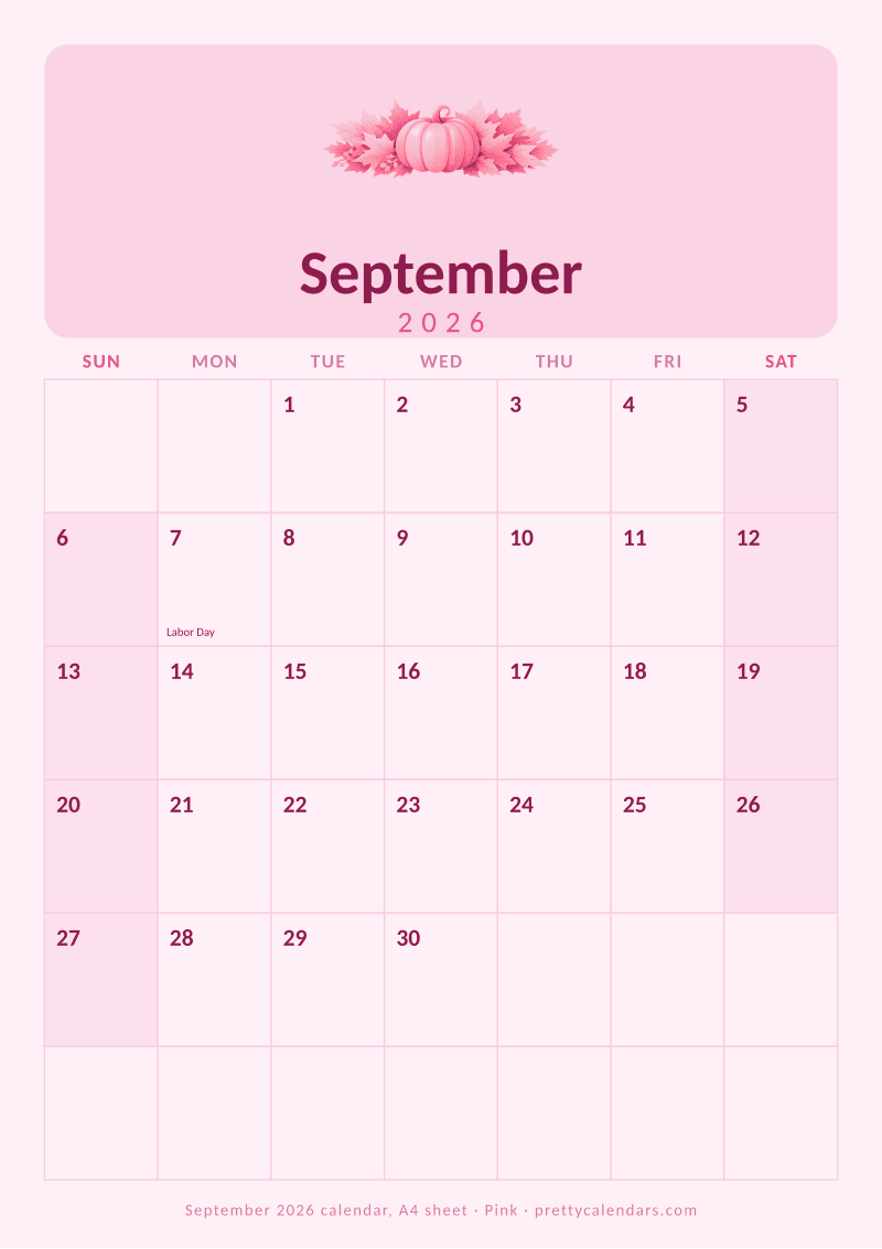 Printable monthly calendar sized for A4 paper, Pink style