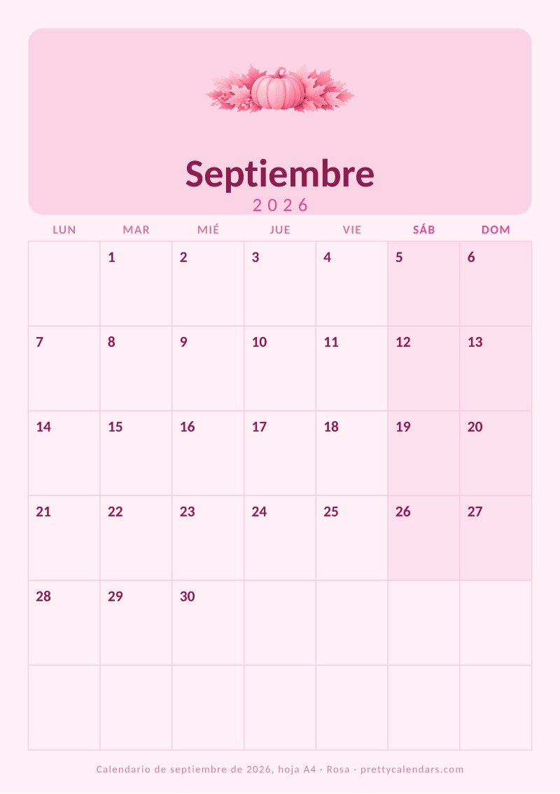 Calendario mensual para imprimir en tamaño A4, estilo Rosa