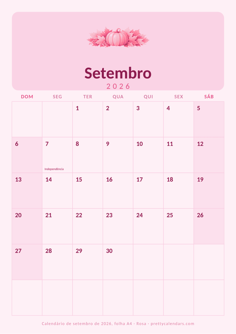 Calendário mensal para imprimir com tamanho A4 real, estilo Rosa