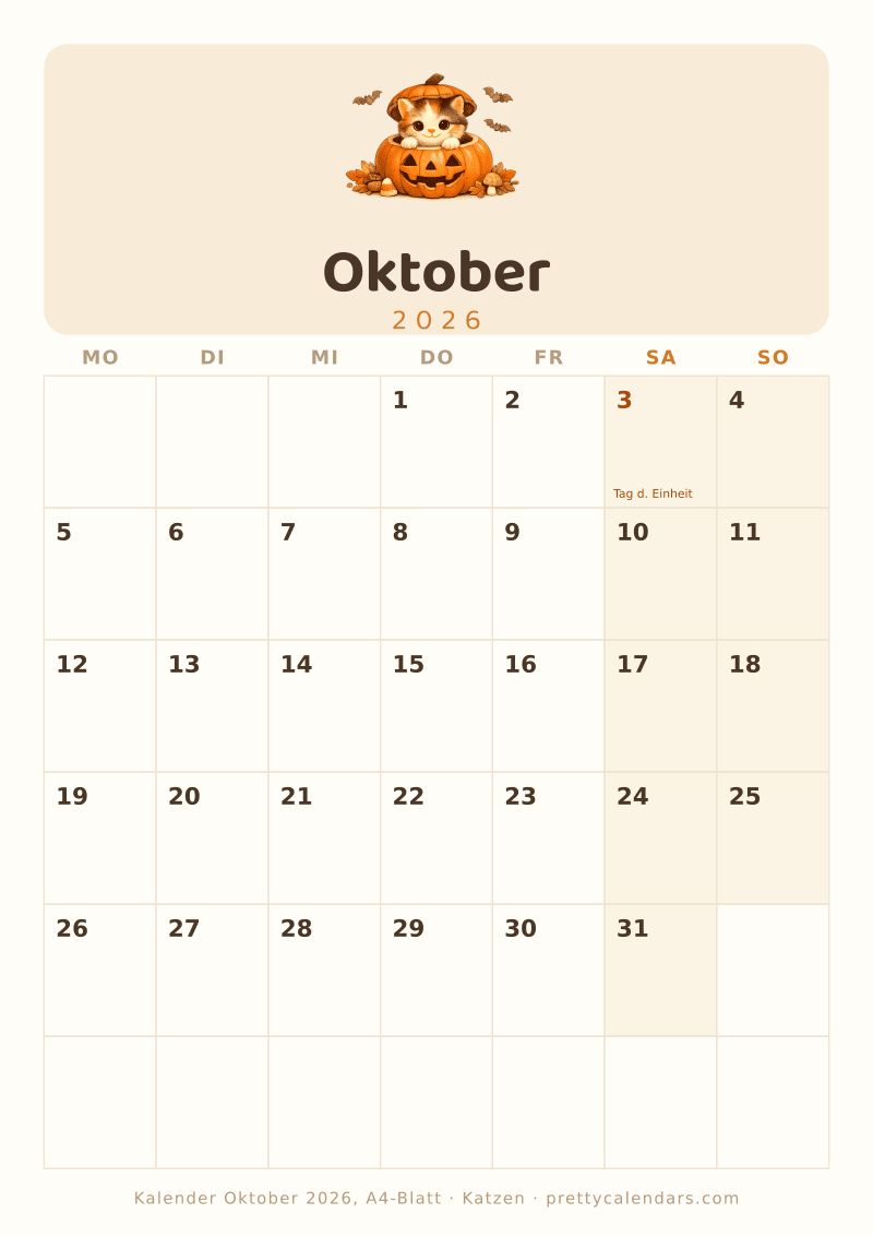 Druckbarer Monatskalender mit echtem A4-Format, Design Katzen
