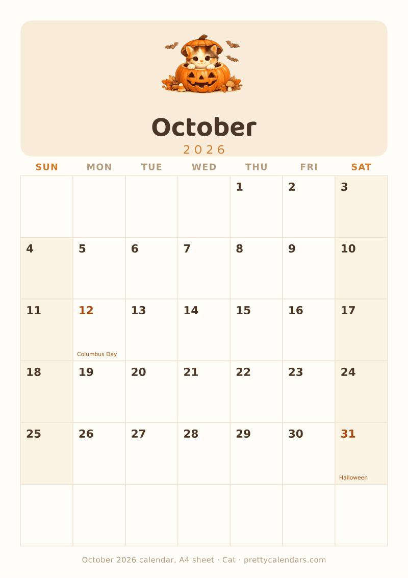 Printable monthly calendar sized for A4 paper, Cat style