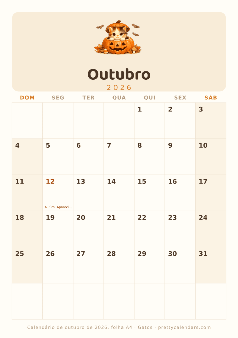 Calendário mensal para imprimir com tamanho A4 real, estilo Gatos