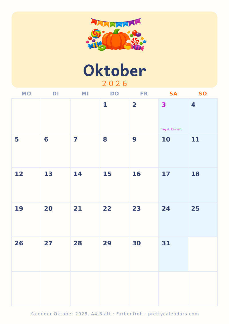 Druckbarer Monatskalender mit echtem A4-Format, Design Farbenfroh