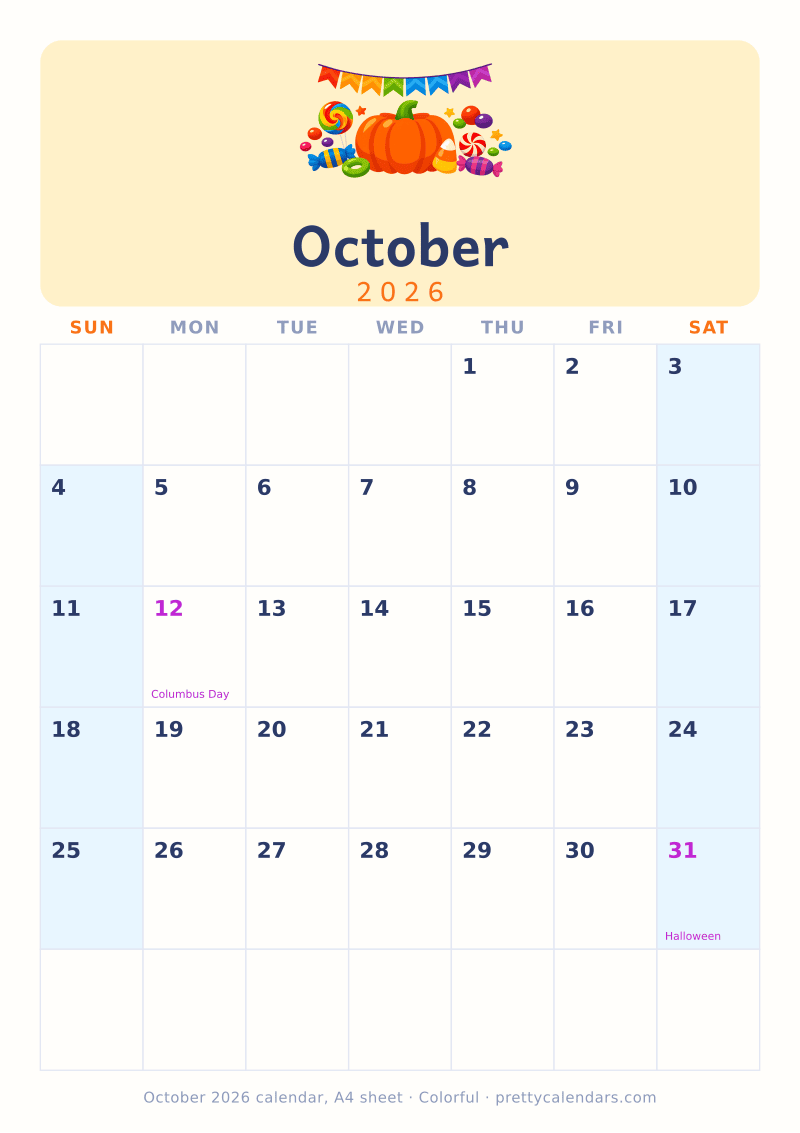 Printable monthly calendar built at true A4 dimensions, Colorful design