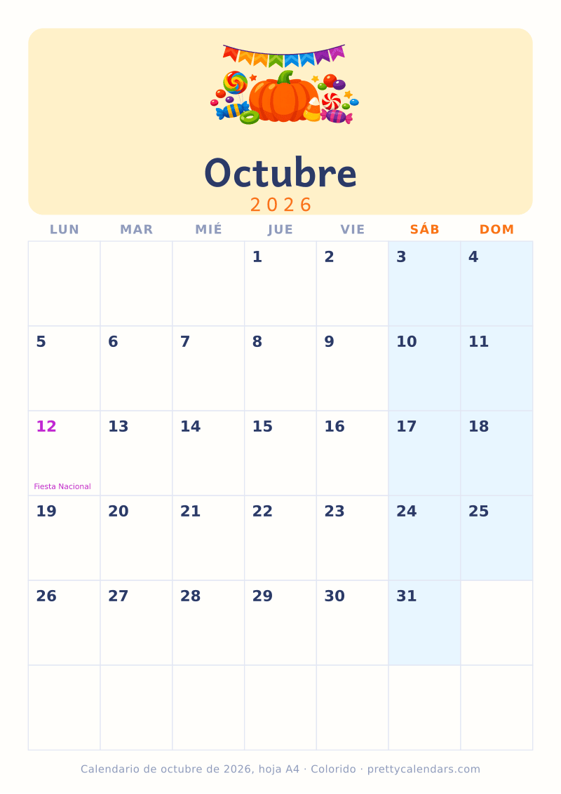 Calendario mensual para imprimir en tamaño A4, estilo Colorido