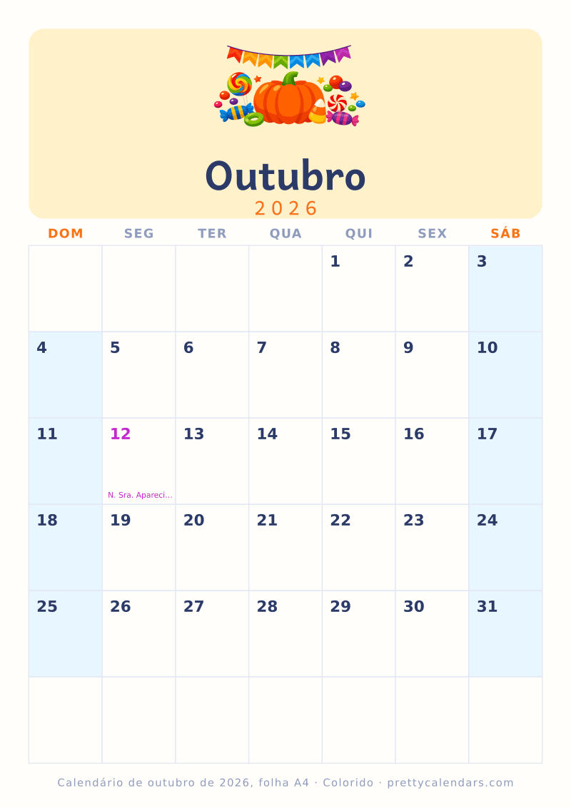 Calendário mensal para imprimir com tamanho A4 real, estilo Colorido