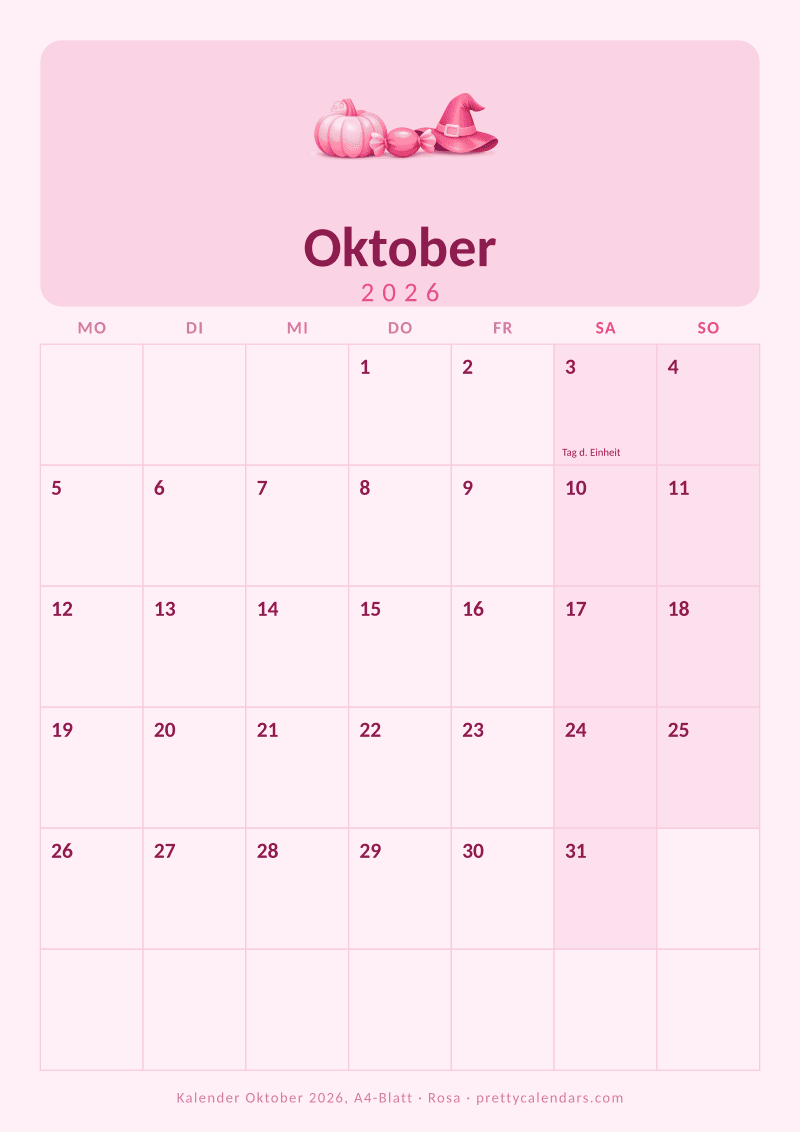 Druckbarer Monatskalender mit echtem A4-Format, Design Rosa