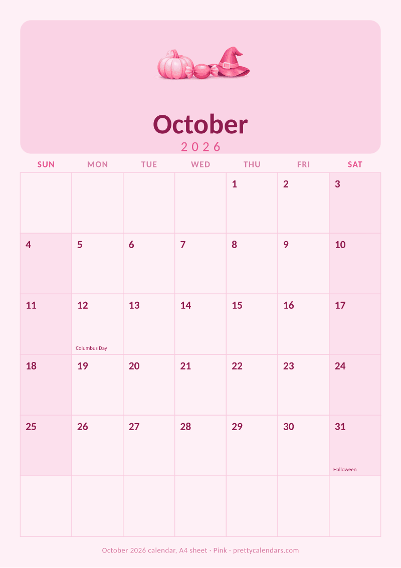 Printable monthly calendar sized for A4 paper, Pink style