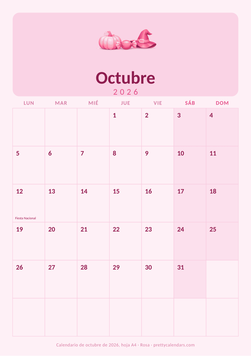 Calendario mensual para imprimir en tamaño A4, estilo Rosa