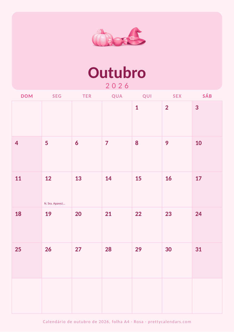 Calendário mensal para imprimir com tamanho A4 real, estilo Rosa