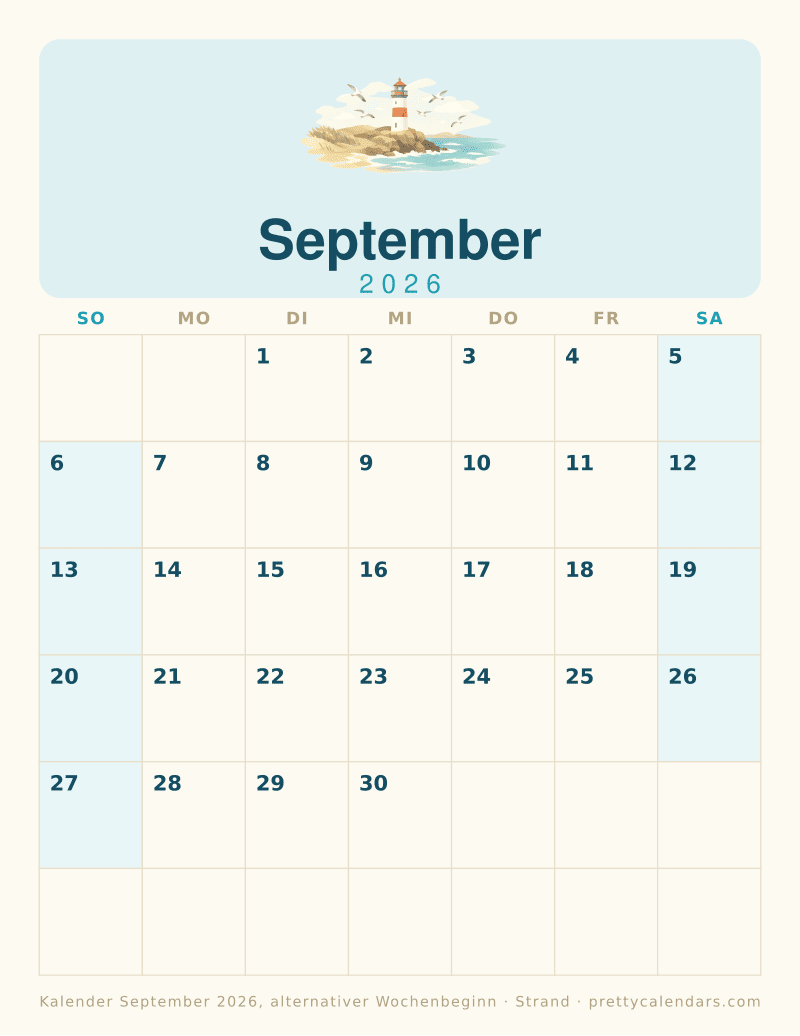 Druckbarer Monatskalender mit alternativem Wochenbeginn, Design Strand