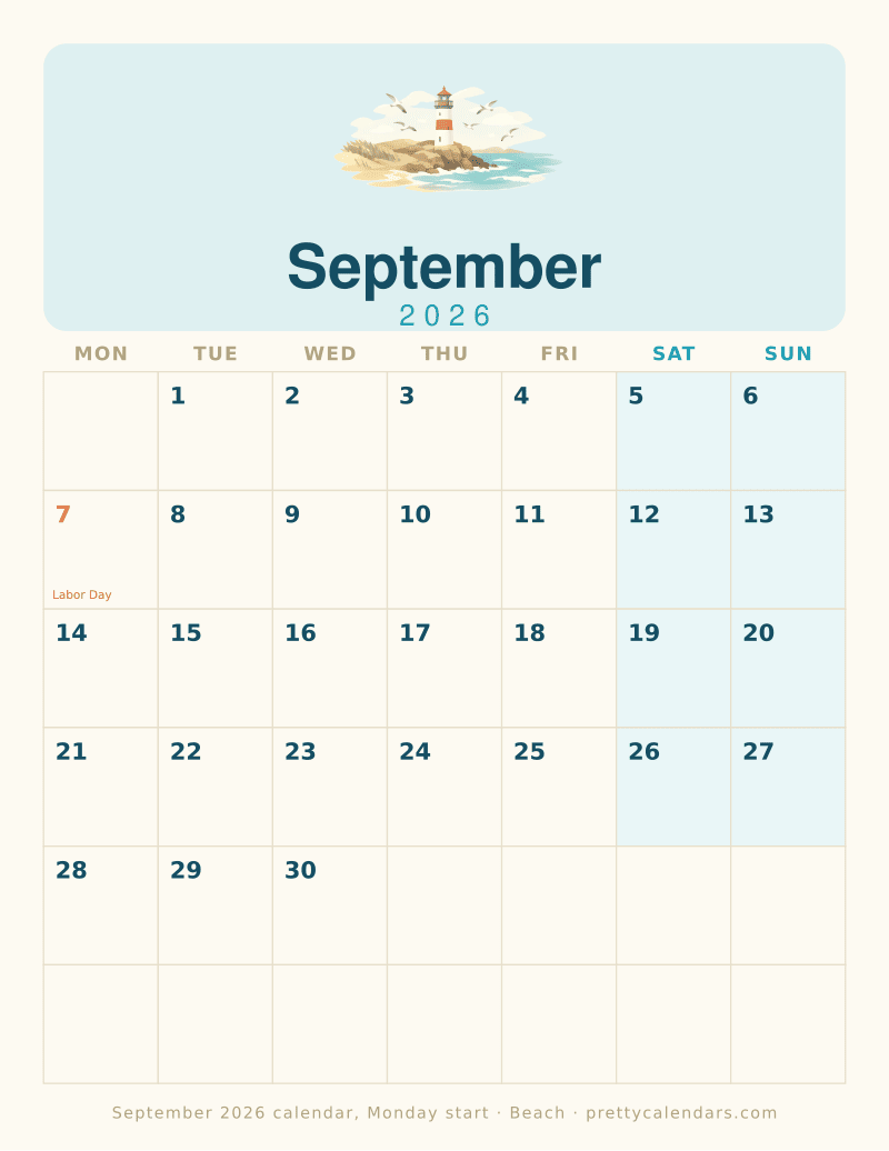 Printable monthly calendar starting the week on Monday, Beach design