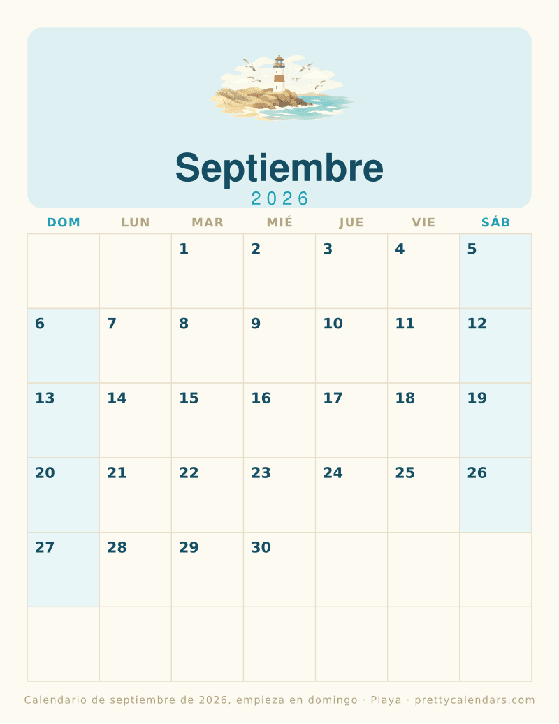 Calendario mensual para imprimir que empieza la semana en domingo, diseño Playa