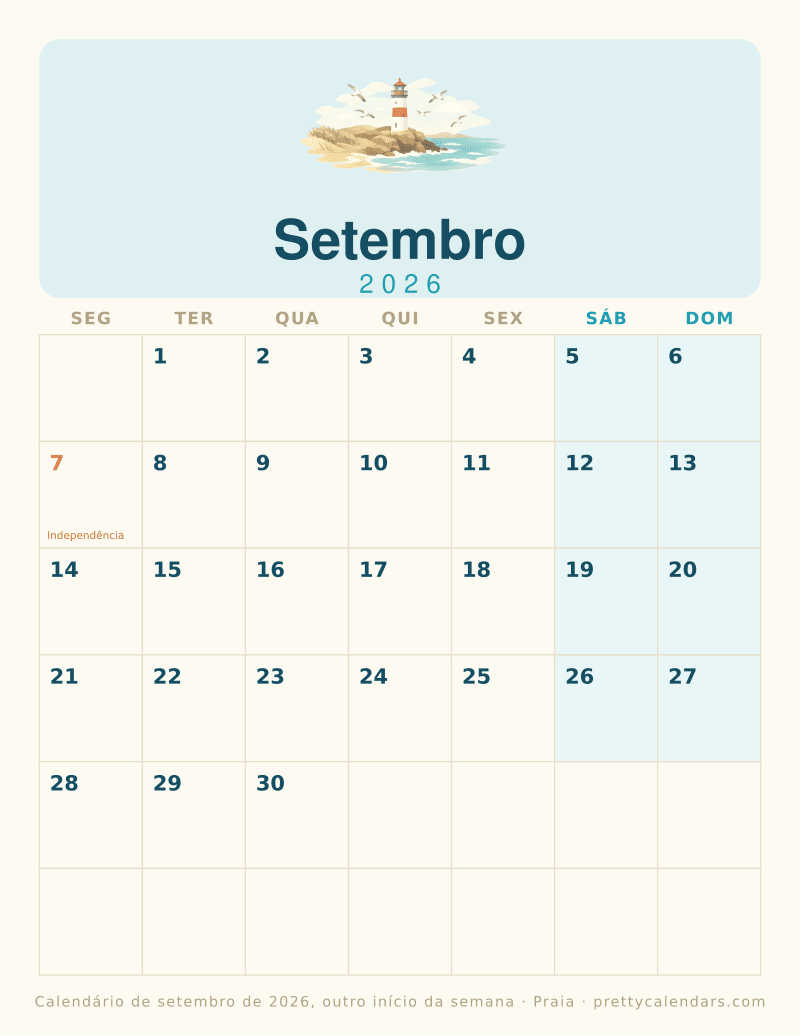 Calendário mensal para imprimir com outro início da semana, estilo Praia