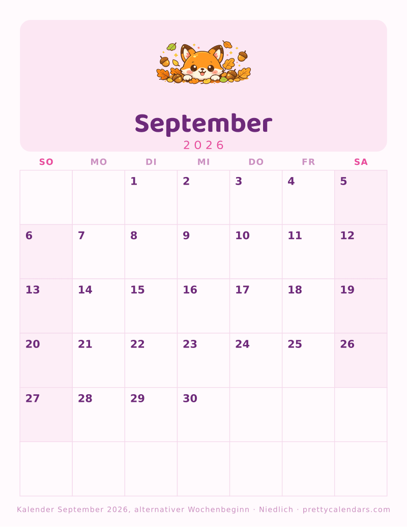 Druckbarer Monatskalender mit alternativem Wochenbeginn, Design Niedlich