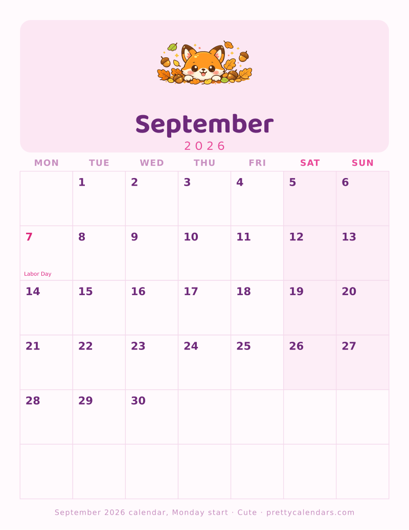 Printable monthly calendar starting the week on Monday, Cute style