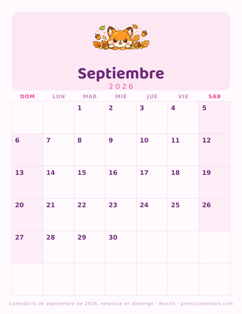 Calendario mensual para imprimir que empieza la semana en domingo, estilo Bonito