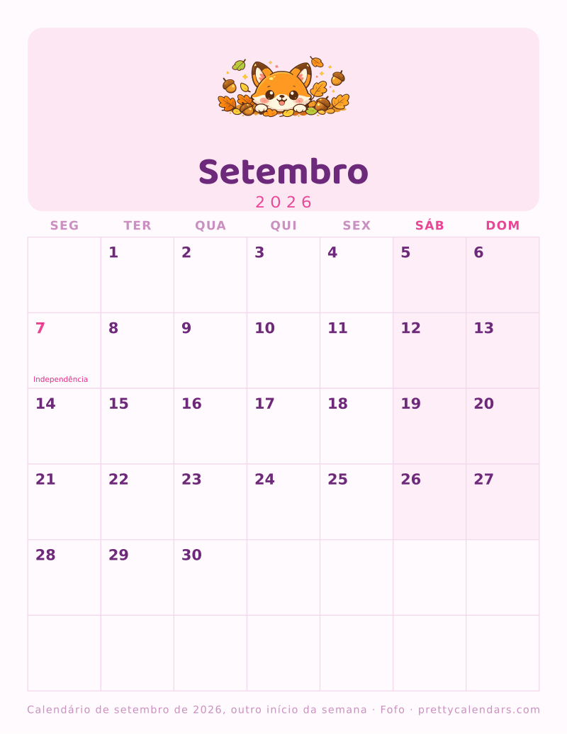 Calendário mensal para imprimir com outro início da semana, estilo Fofo