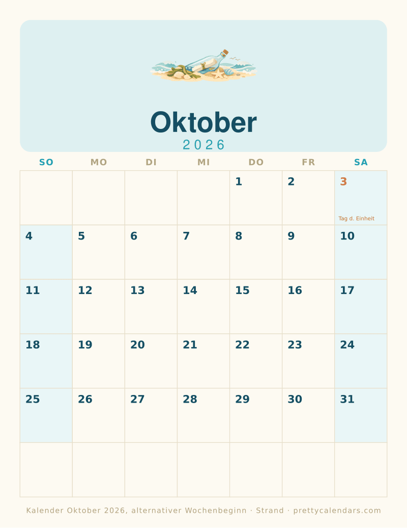 Druckbarer Monatskalender mit alternativem Wochenbeginn, Design Strand