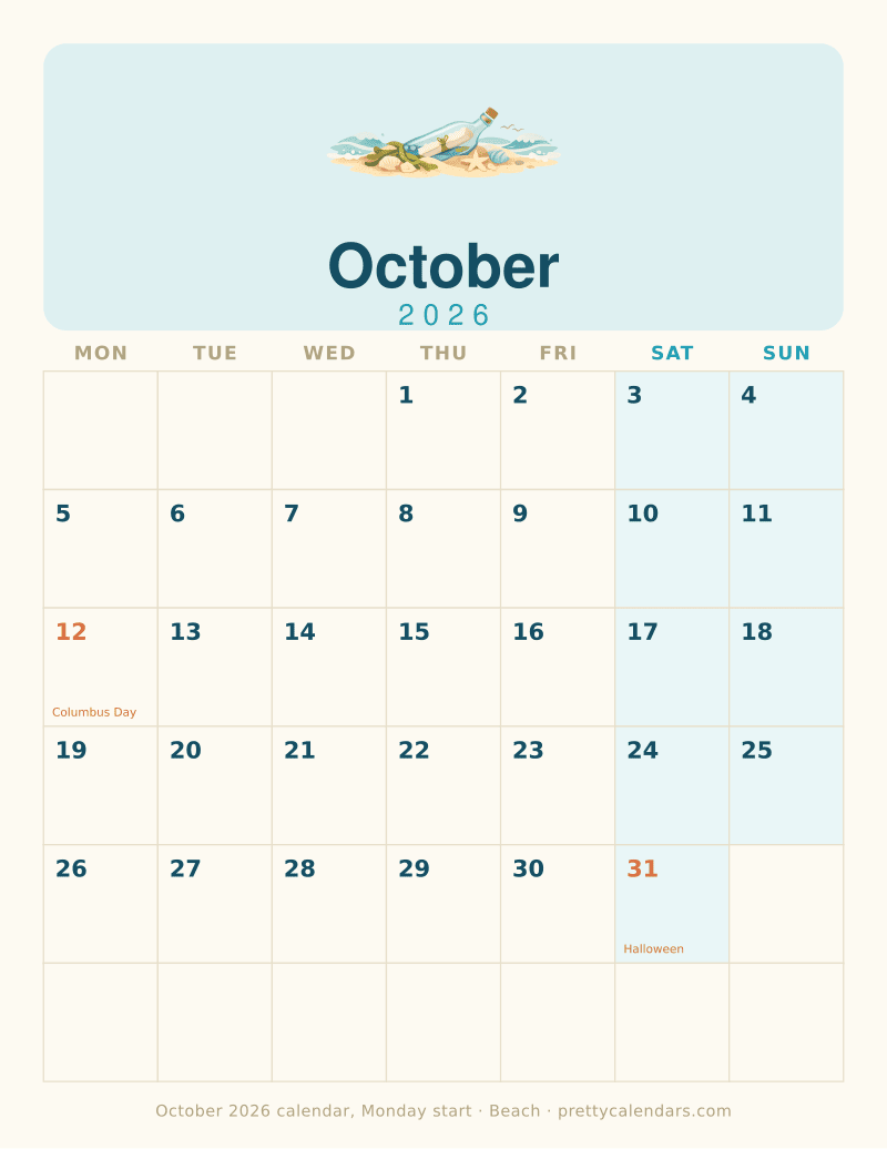 Printable monthly calendar starting the week on Monday, Beach style
