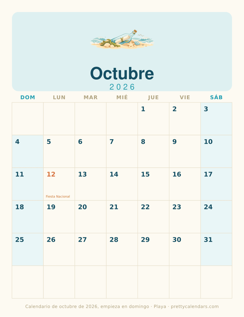 Calendario mensual para imprimir que empieza la semana en domingo, diseño Playa